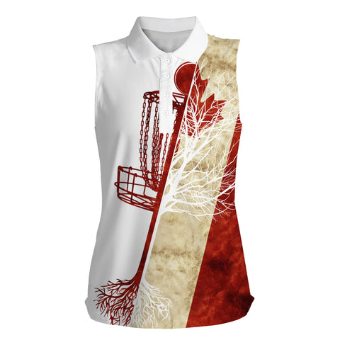 Womens disc golf sleeveless polo shirt Canadian flag disc golf basket, patriotic disc golf shirts NQS4739