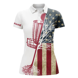 Womens disc golf polo shirt custom vintage American flag disc golf basket, disc golf shirts NQS4740