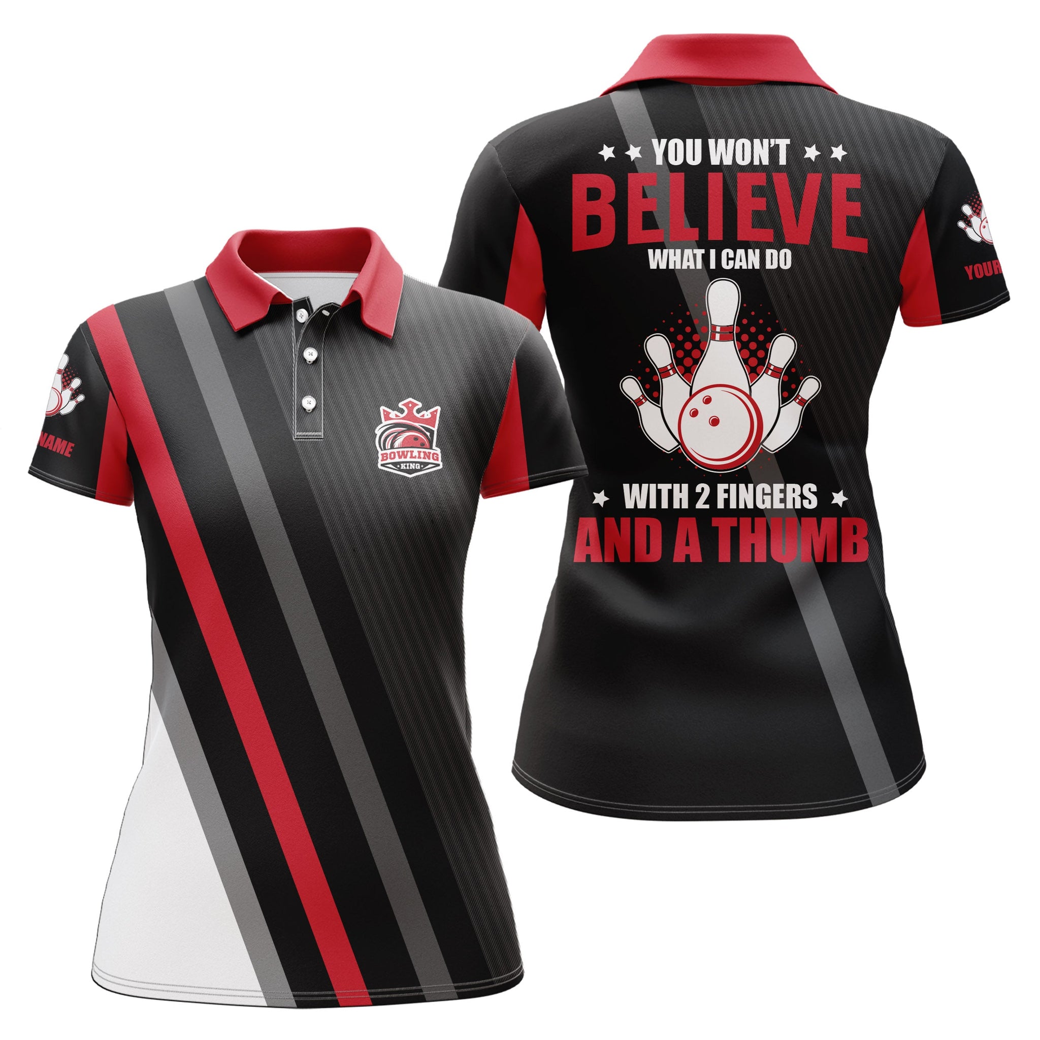 Red & black Women bowling polo shirt Custom you won't believe what I can do with 2 fingers and a thumb NQS5286