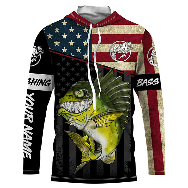 Funny Bass fishing American flag UV protection Custom long sleeve fishing shirt, Bass fishing jerseys NQS4383
