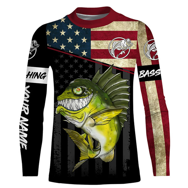 Funny Bass fishing American flag UV protection Custom long sleeve fishing shirt, Bass fishing jerseys NQS4383