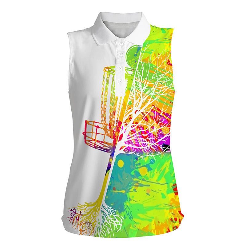 Womens disc golf sleeveless polo shirt watercolor disc golf basket, disc golf shirts NQS4574