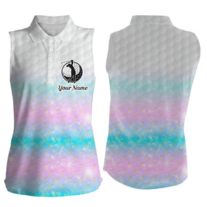 Womens sleeveless polo shirt rainbow mermaid scales custom name pattern golf shirts, ladies golf tops NQS4752