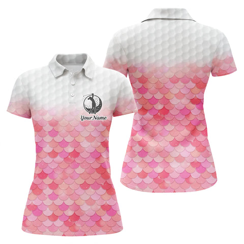 Womens golf polo shirt bling pink mermaid scales custom name pattern golf shirts, ladies golf tops NQS4753