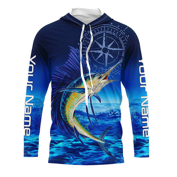 Personalized Sailfish Saltwater Blue Long Sleeve Performance Fishing Shirts, Sailfish tournament Shirt NQS5784