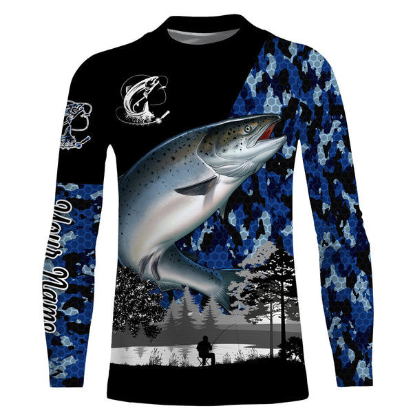 Chinook Salmon (King salmon) Fish blue camo Custom name performance anti UV long sleeve fishing shirts NQS3629