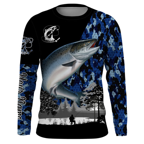 Chinook Salmon (King salmon) Fish blue camo Custom name performance anti UV long sleeve fishing shirts NQS3629