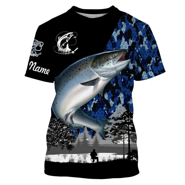 Chinook Salmon (King salmon) Fish blue camo Custom name performance anti UV long sleeve fishing shirts NQS3629