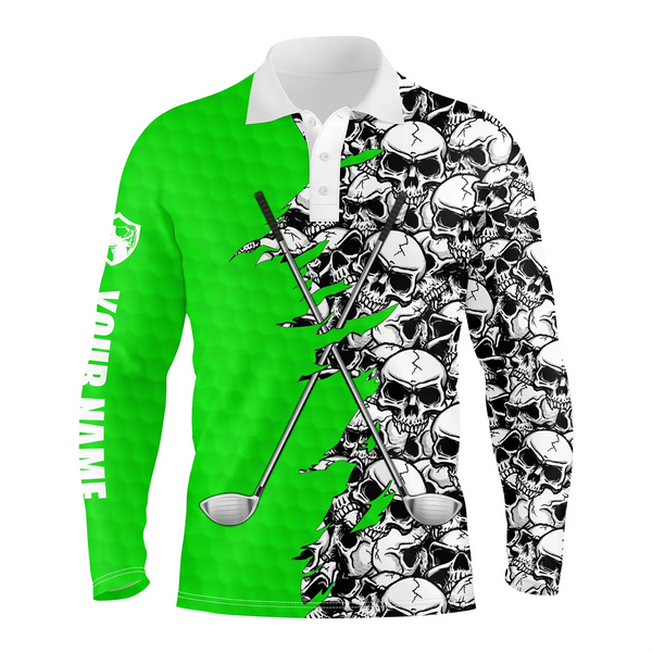 Mens short long sleeve golf tops polo green pattern skull golf clubs custom golf performance shirts NQS4758