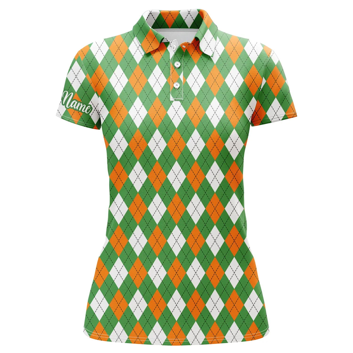 Womens golf polos shirts custom green, orange, white St. Patricks day Argyle plaid pattern golf shirts NQS4763