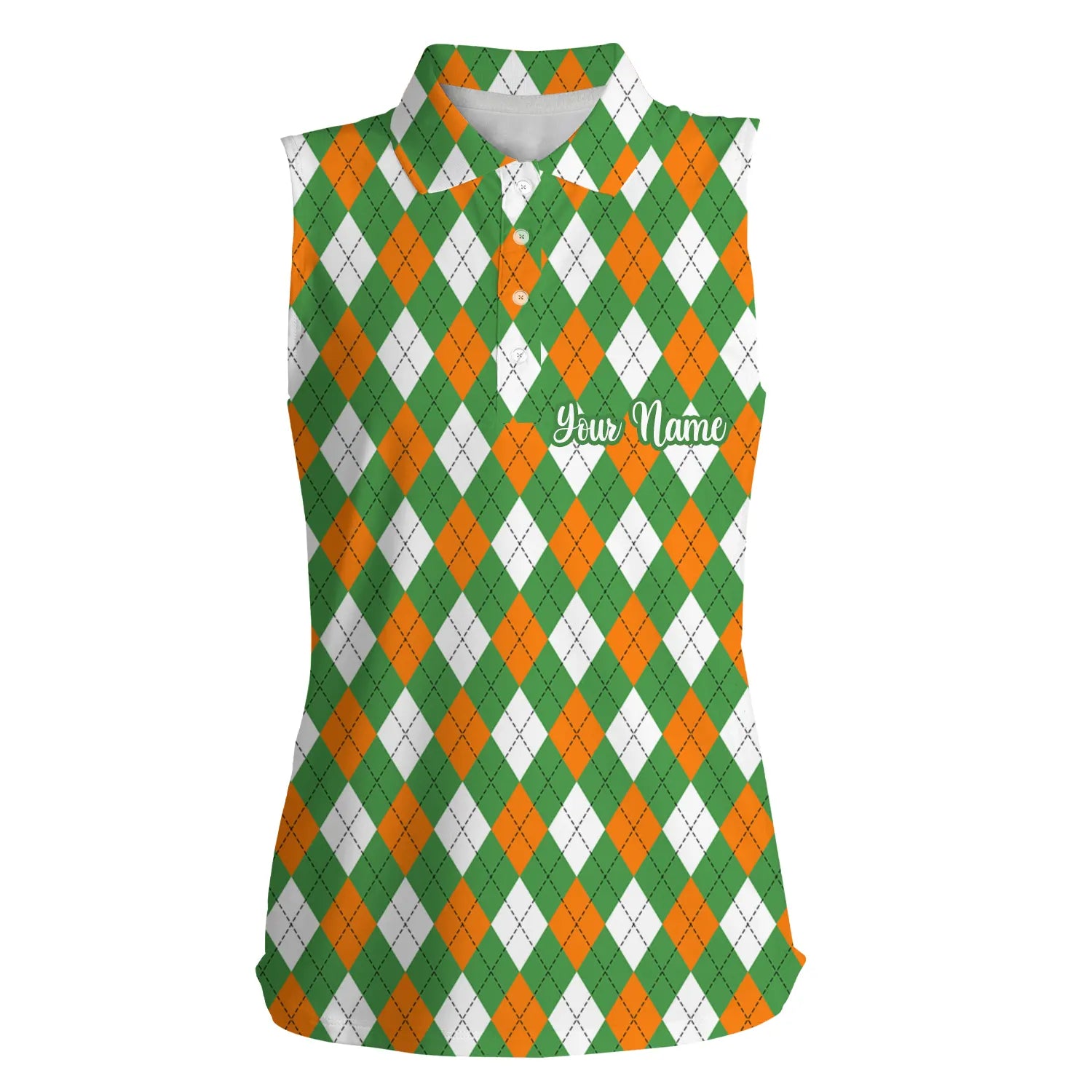 Women sleeveless polo shirt custom green, orange, white St Patrick day Argyle plaid pattern golf shirt NQS4763