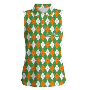 Women sleeveless polo shirt custom green, orange, white St Patrick day Argyle plaid pattern golf shirt NQS4763