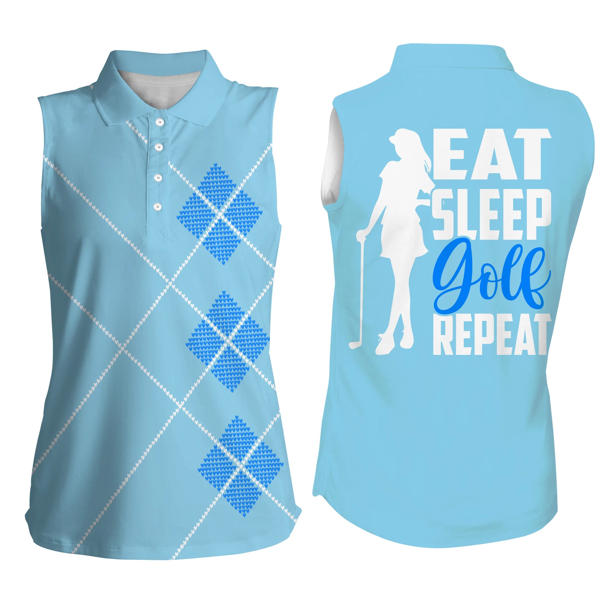 Women sleeveless polo shirts eat sleep golf repeat blue argyle pattern ladies golf top for women NQS5004