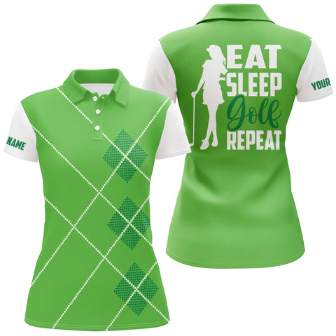 Women golf polo shirt custom name eat sleep golf repeat green argyle pattern ladies golf top for women NQS5005