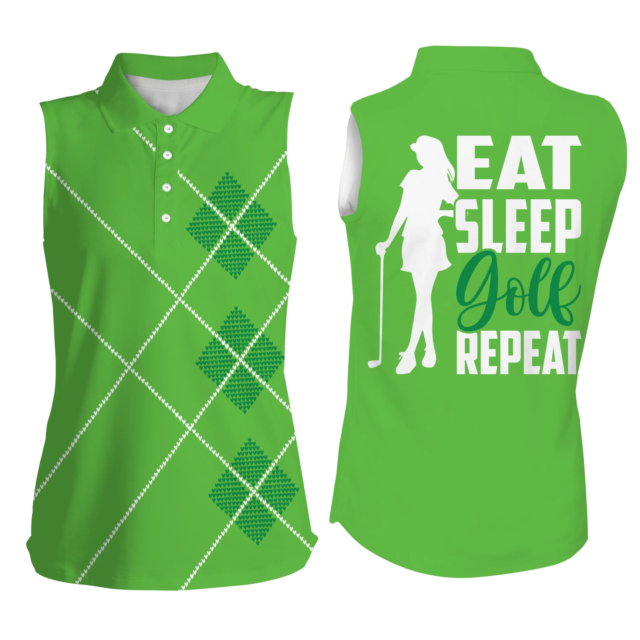 Women sleeveless polo shirts eat sleep golf repeat green argyle pattern ladies golf top for women NQS5005