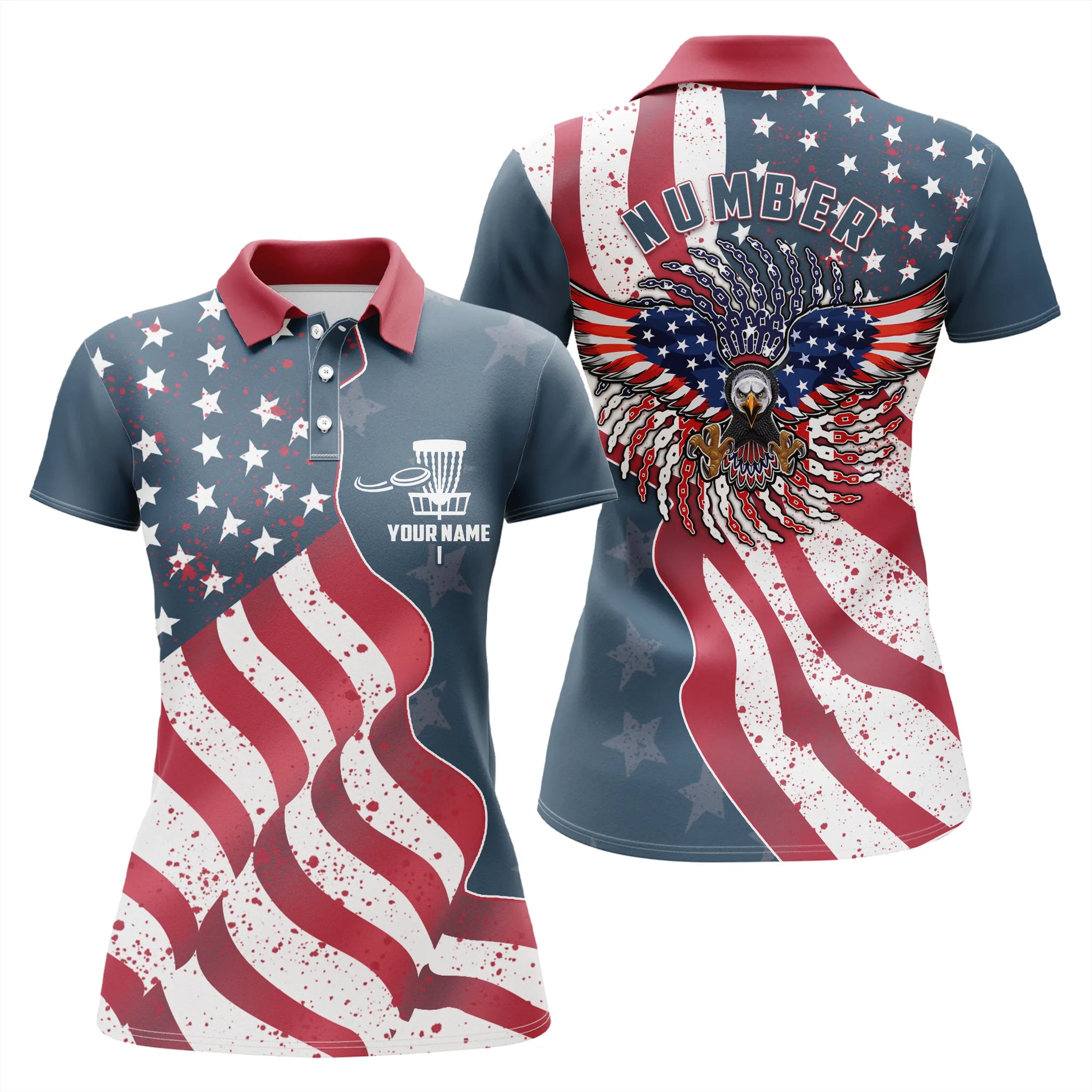 Custom name and number Eagle American flag patriotic Disc Golf Performance women polo shirts NQS5000