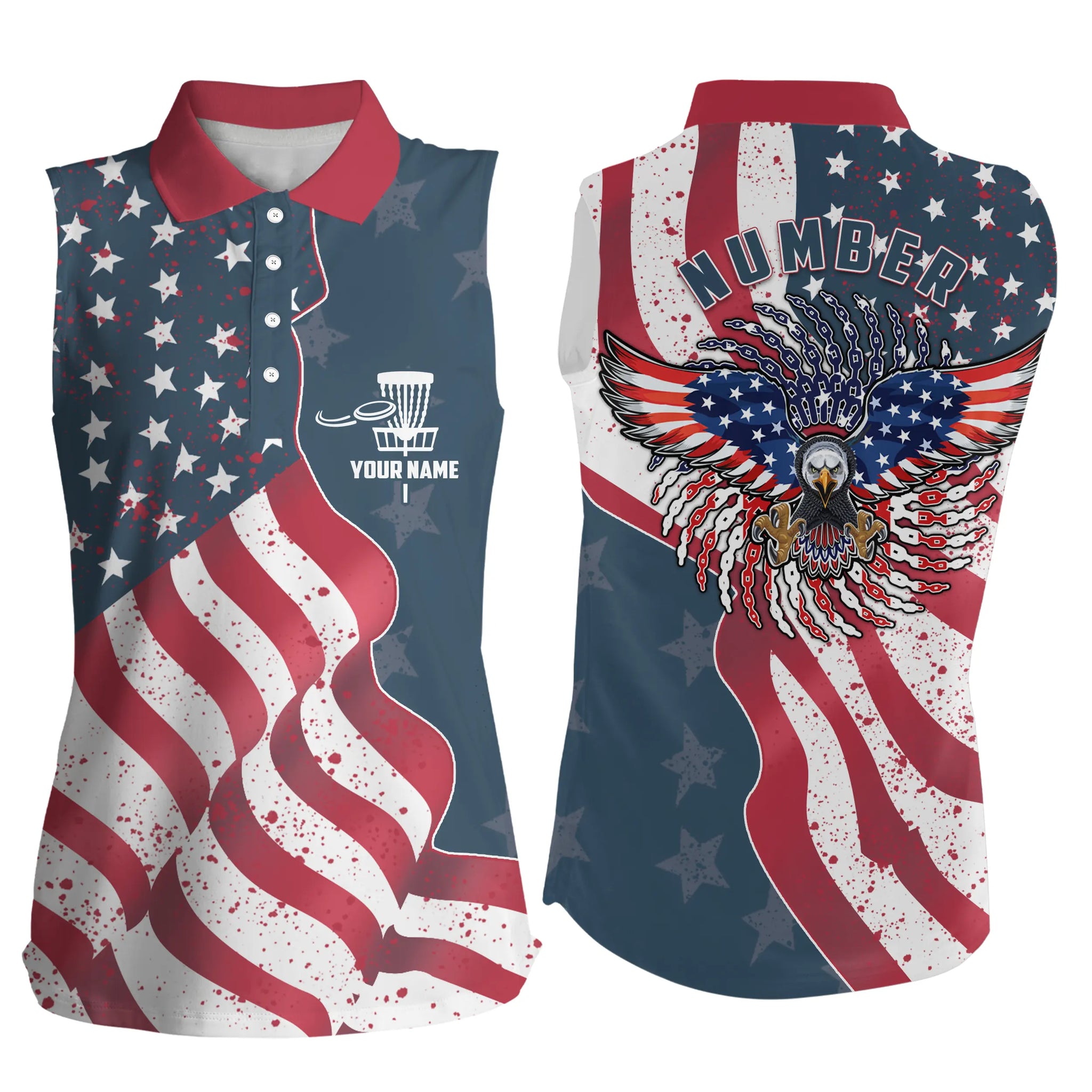 Custom name and number Eagle American flag patriotic Disc Golf Performance Women sleeveless polo shirt NQS5000