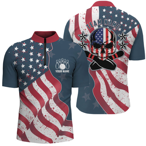 Vintage American flag patriotic skull Bowling Quarter Zip shirts for men custom Bowling team jerseys NQS5001