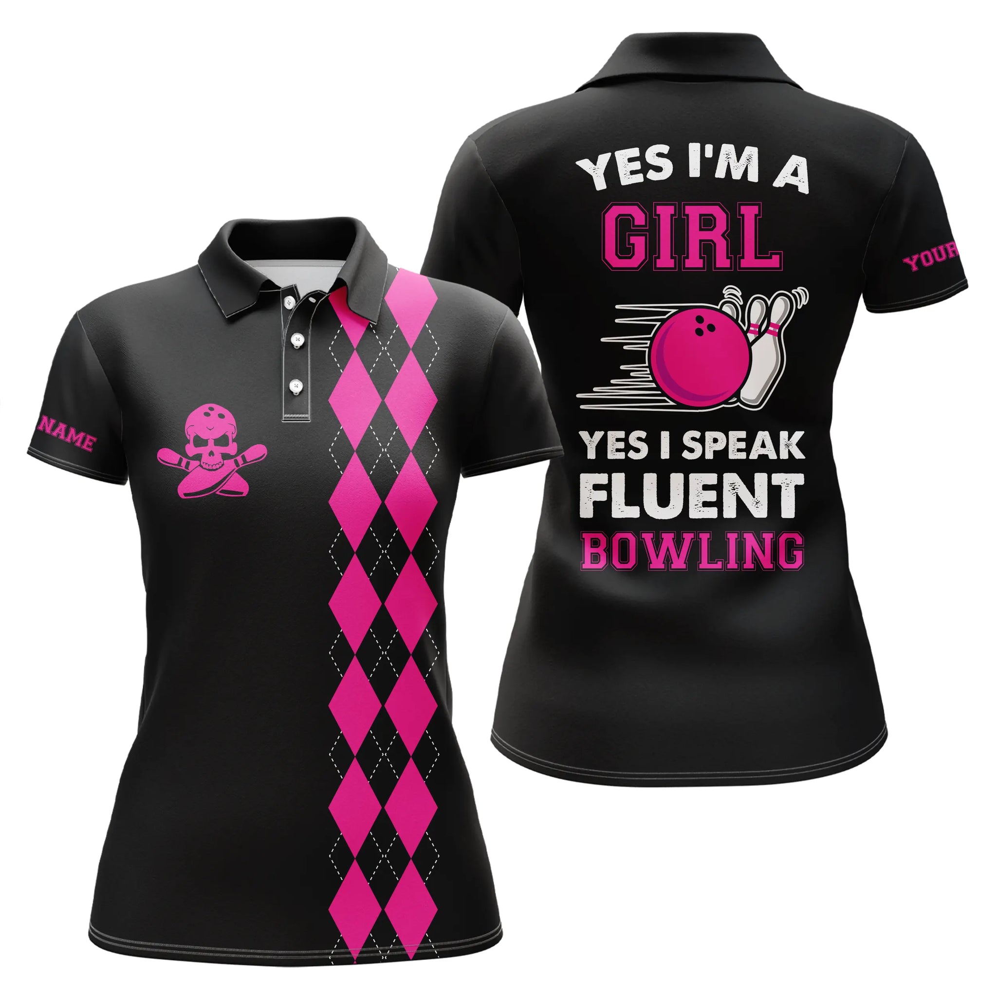 Pink argyle plaid Custom Bowling polo shirt for women, Yes I'm a girl yes I speak fluent bowling NQS5011