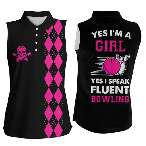 Pink argyle plaid Bowling sleeveless polo Shirts for women, Yes I'm a girl yes I speak fluent NQS5011