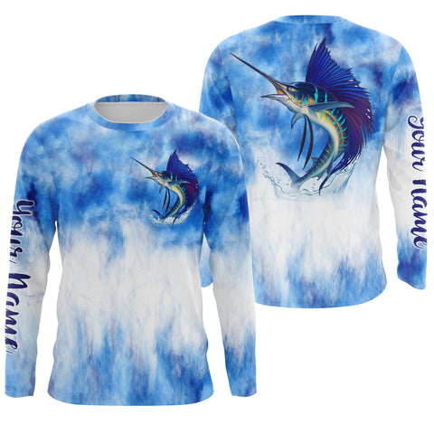 Sailfish saltwater fishing blue sea camo Custom Name sun protection UPF long sleeves fishing shirts NQS3511
