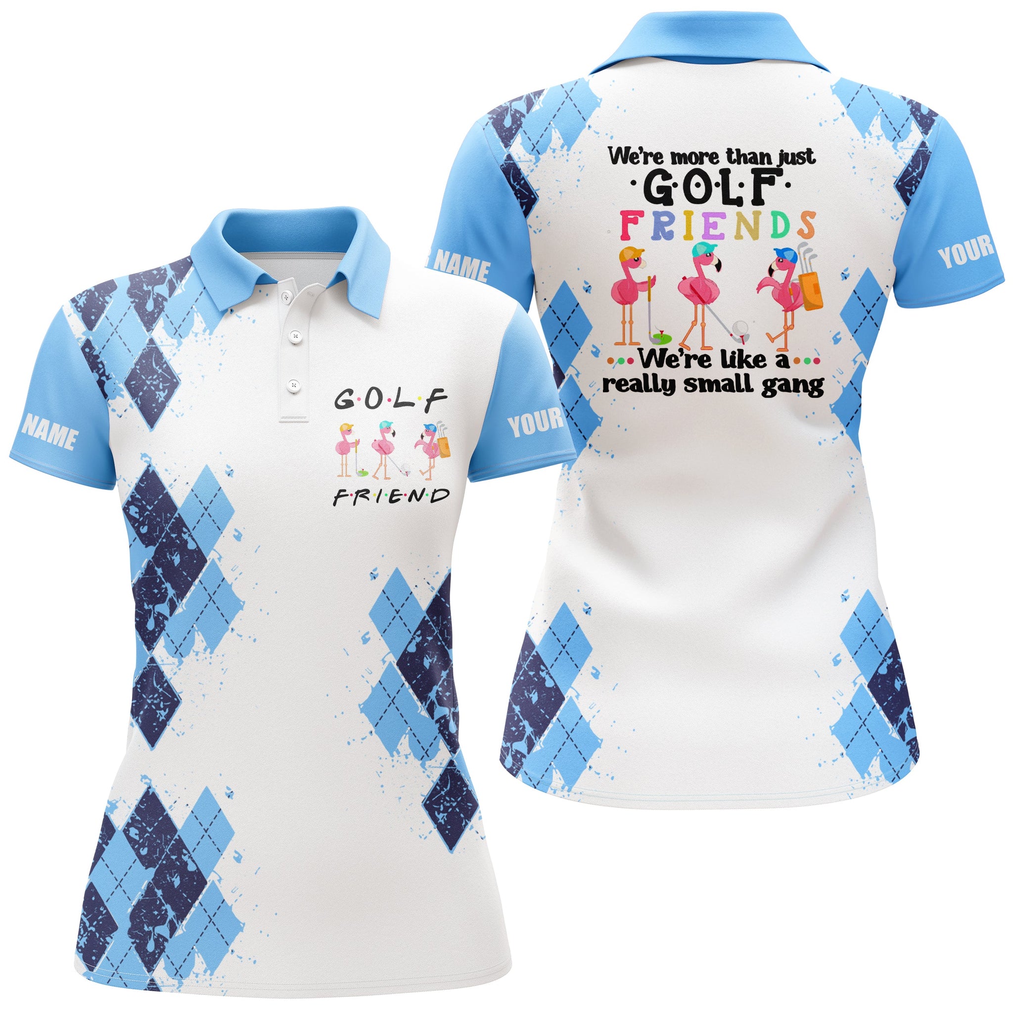 Womens golf polo shirt we're more than just golf friends flamingo custom name golf shirt| Light Blue NQS3793