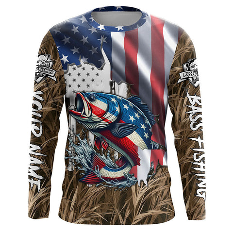 American flag patriotic Largemouth Bass camo fishing, custom mens long sleeve shirts NQS1476