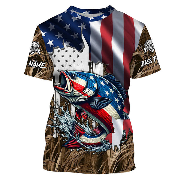 American flag patriotic Largemouth Bass camo fishing, custom mens long sleeve shirts NQS1476