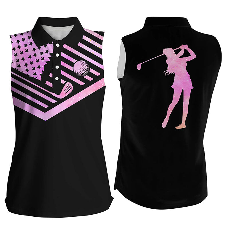 Women's sleeveless golf polo shirt pink watercolor American flag black golf shirt NQS5014