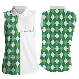 Womens sleeveless golf polo shirt green and white argyle plaid pattern womens golf wear NQS5019