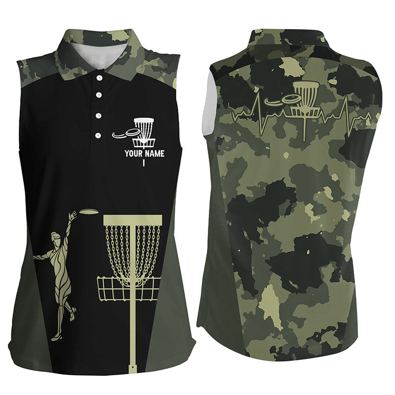 Women sleeveless polo shirt custom black camo disc golfers basket, personalized disc golf gifts NQS5314