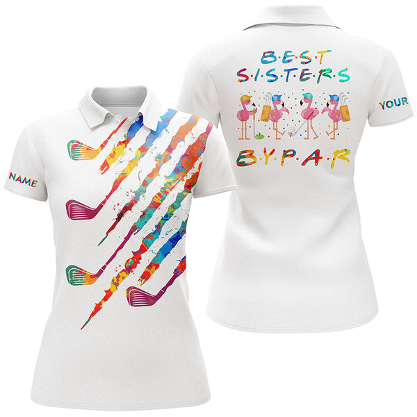 Womens golf polo shirts custom watercolors golf clubs best sister by par flamingo ladies golf tops NQS5318