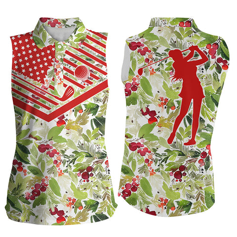 Womens sleeveless polo shirt Christmas pattern American flag golf shirt NQS4185