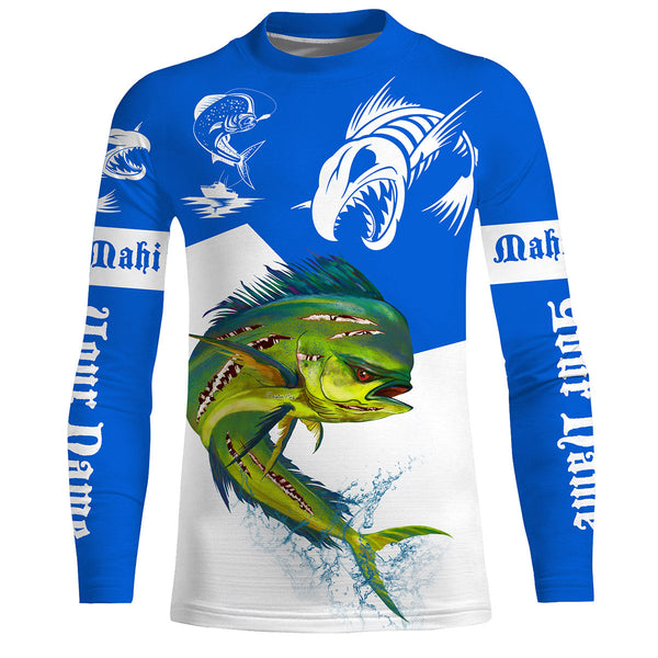 Angry Mahi Mahi Dorado fishing Custom Long sleeve Fishing Shirt, Fish skeleton fishing jerseys | Blue NQS4189