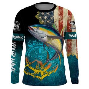 Tuna Fishing American Flag Patriotic Custom UPF Fishing Shirts Jersey, Custom Fishing Shirts with Hood NQS3103 Kid Long Sleeves UPF / S