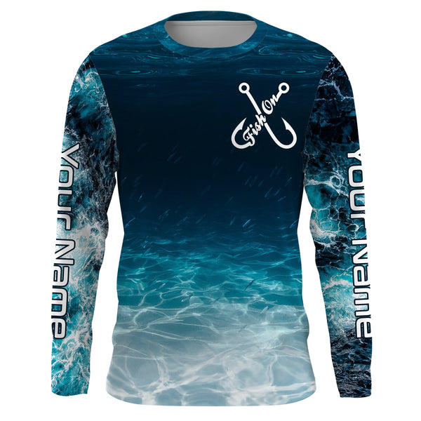 Fish on blue sea water camo Custom Name performance long sleeve fishing shirts uv protection NQS3652
