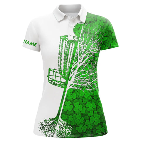 Womens disc golf polo shirt custom Green clover St Patrick's Day pattern disc golf basket NQS4783