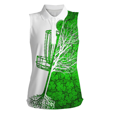 Womens disc golf sleeveless polo shirt Green clover St Patrick's Day pattern disc golf basket NQS4783