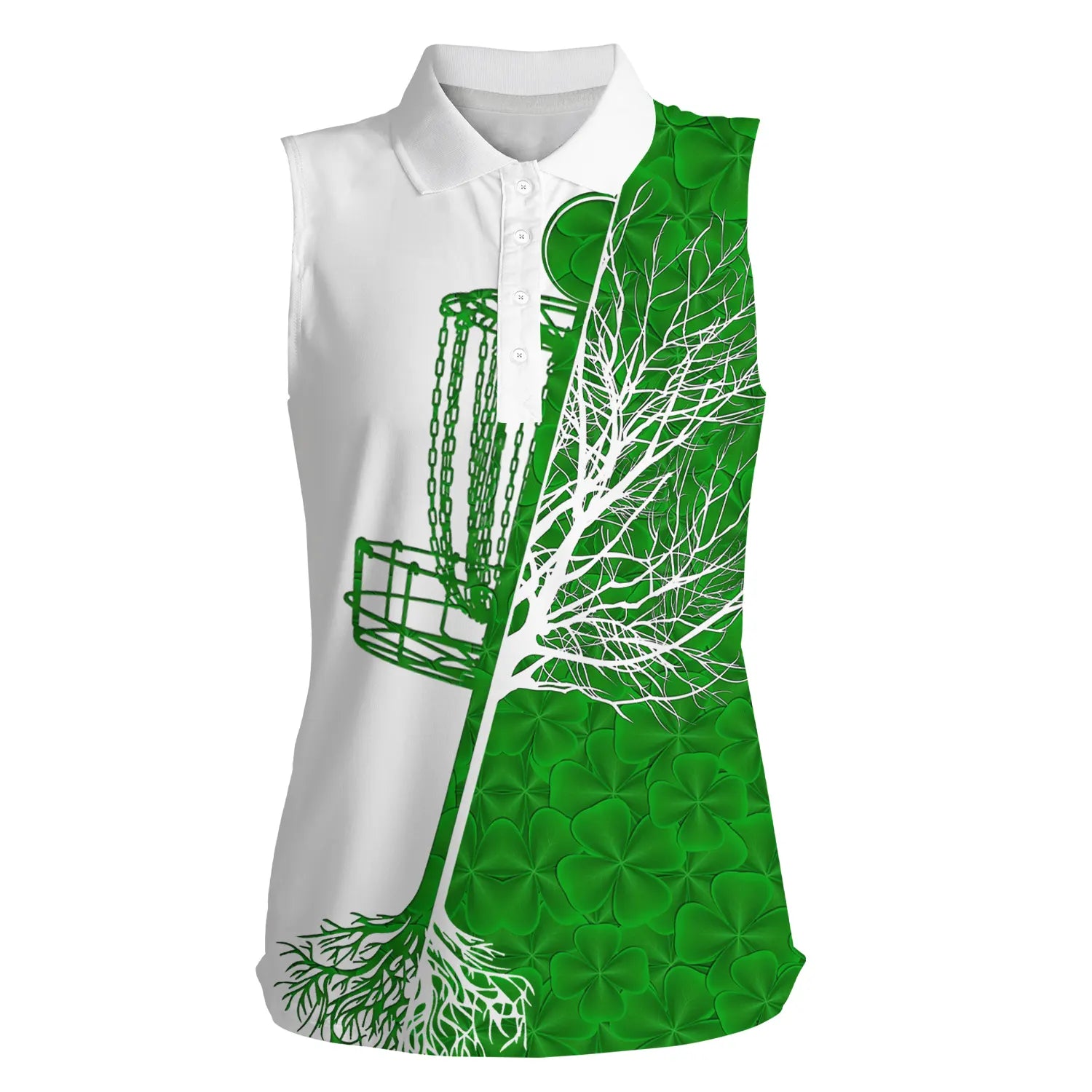 Womens disc golf sleeveless polo shirt Green clover St Patrick's Day pattern disc golf basket NQS4784