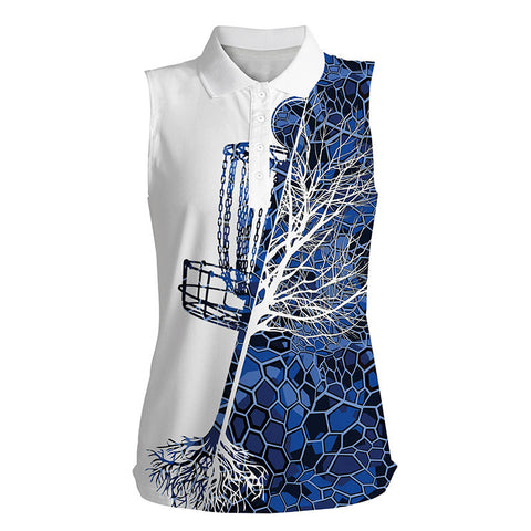 Womens disc golf sleeveless polo shirt blue camo disc golf basket, sleeveless disc golf tops shirts NQS5027