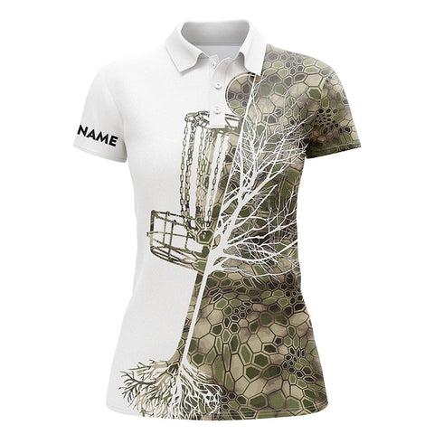 Womens disc golf polo shirt custom name green camo disc golf basket, personalized disc golf shirts NQS5028