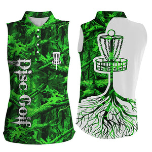 Womens disc golf sleeveless polo shirt green camo disc golf basket, personalized disc golf shirts NQS5034