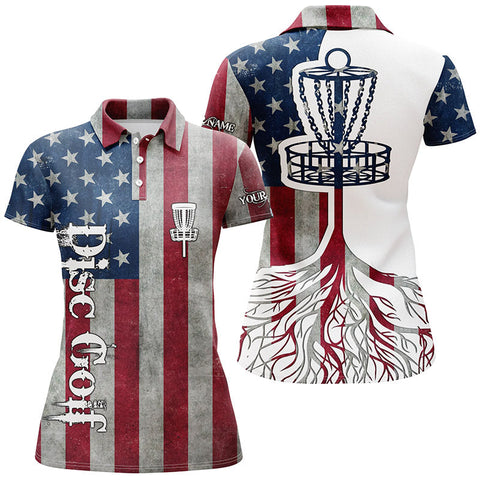 Womens disc golf polo shirt custom American flag patriotic disc golf basket, patriotic disc golf shirt NQS5036