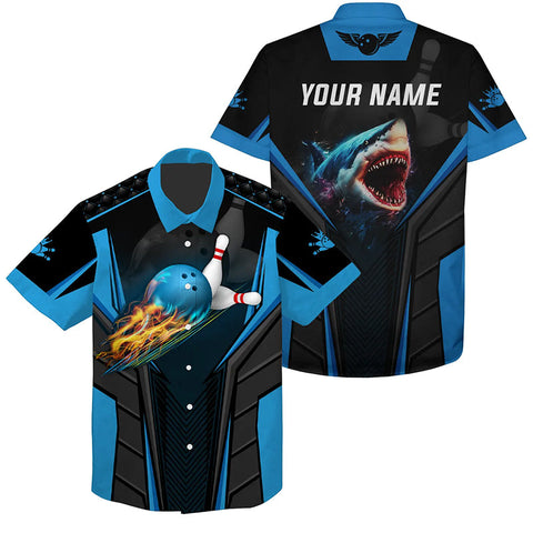 Personalized 3D bowling hawaiian shirts Custom shark team blue bowling ball Team button up shirts NQS5336