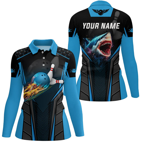 Personalized 3D bowling shirts for women Custom shark team blue bowling ball Bowling polo Shirts NQS5336