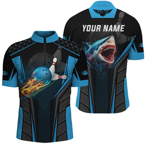 Personalized 3D bowling shirts for men Custom shark team blue bowling ball Bowling Quarter Zip Shirts NQS5336