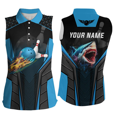 Personalized bowling shirt for women Custom shark team blue bowling ball Bowling Sleeveless polo Shirt NQS5336