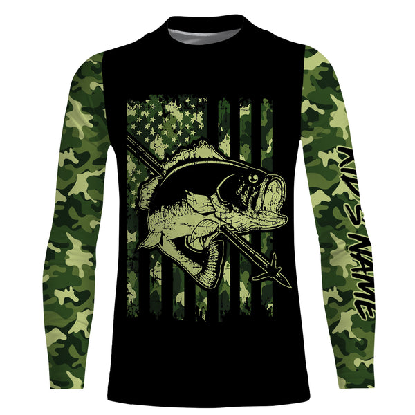 Largemouth Bass Bowfishing green camo American flag patriotic Custom sun protection fishing shirts NQS3355