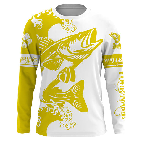 Personalized Walleye fishing tattoo jerseys, Walleye Long Sleeve Fishing tournament shirts | Yellow NQS3825