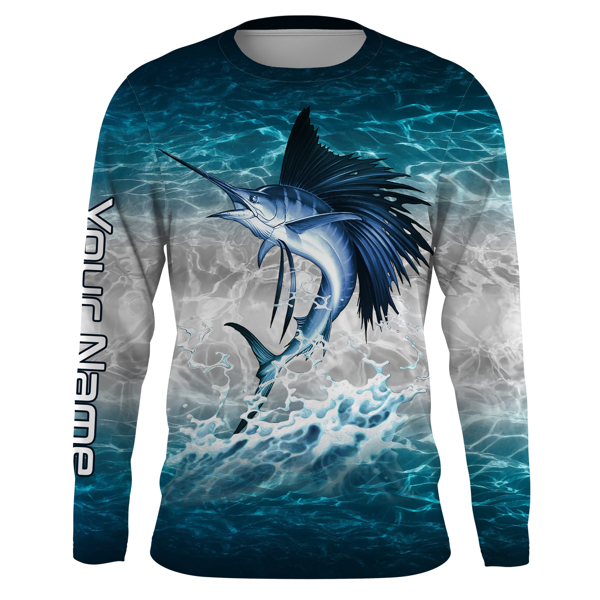 Sailfish fishing blue sea water camo Custom Name performance long slee –  Myfihu